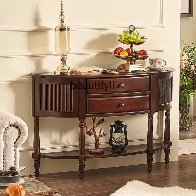 American retro semi-round table living room simple entrance cabinet solid wood foyer side table decorative storage cabinet