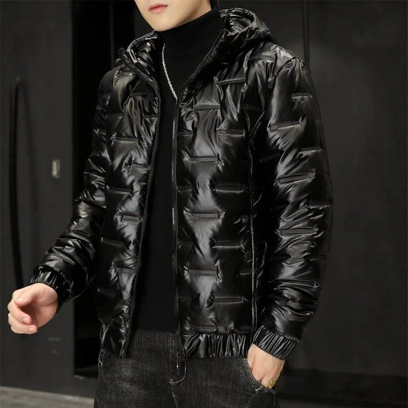 Men Shiny Hooded Puffer Jacket Zip Up Lightweight Quilted Cotton Coat Windproof Warm Short Outerwear Casual Hooded Padded Coat