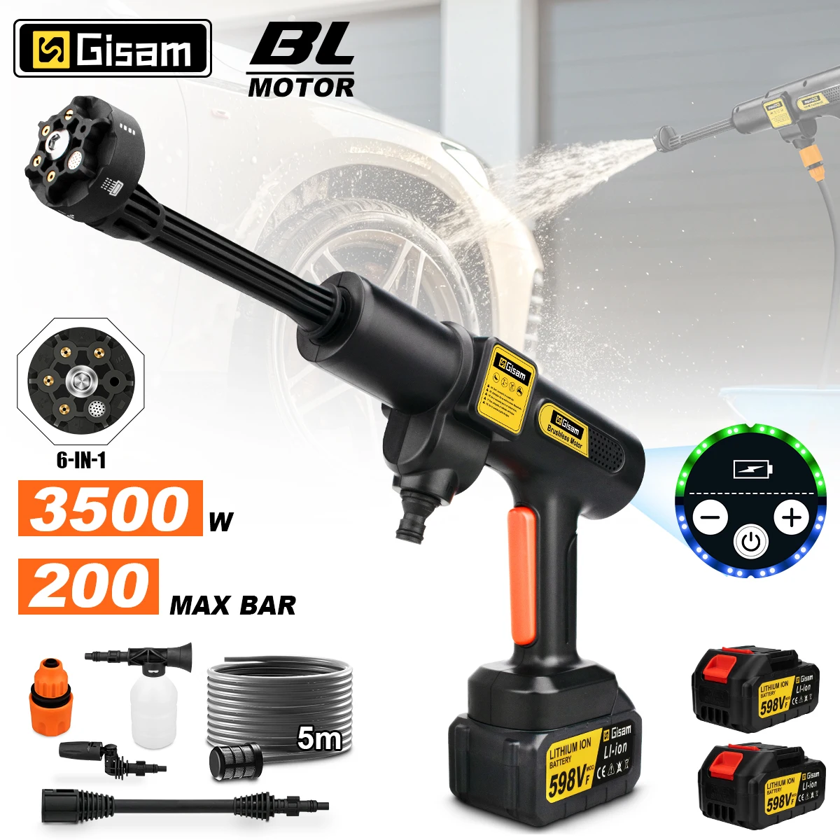 Gisam 200Bar Bürstenloser Hochdruck-Autowascher 6-in-1 Kabellose Wasserpistole Sprühpistole Gartenreinigungsgerät für Makita Akku