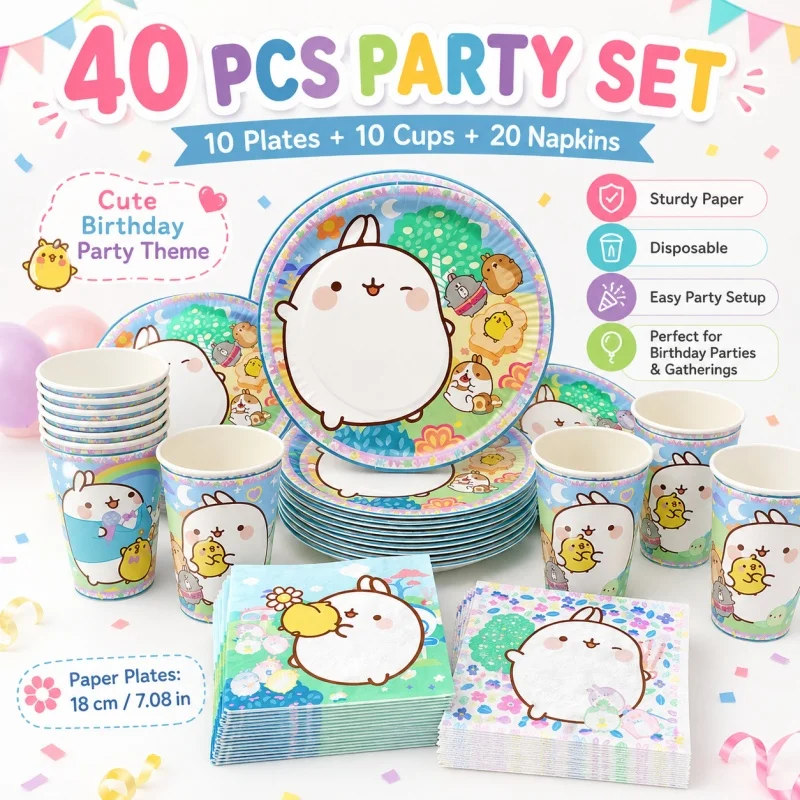 Molang Kombinations-Partydekoration für Geburtstagsfeiern, Einweg-Set für Themenfeiern im Innen- und Außenbereich, Niedlicher Hase – Detail 2