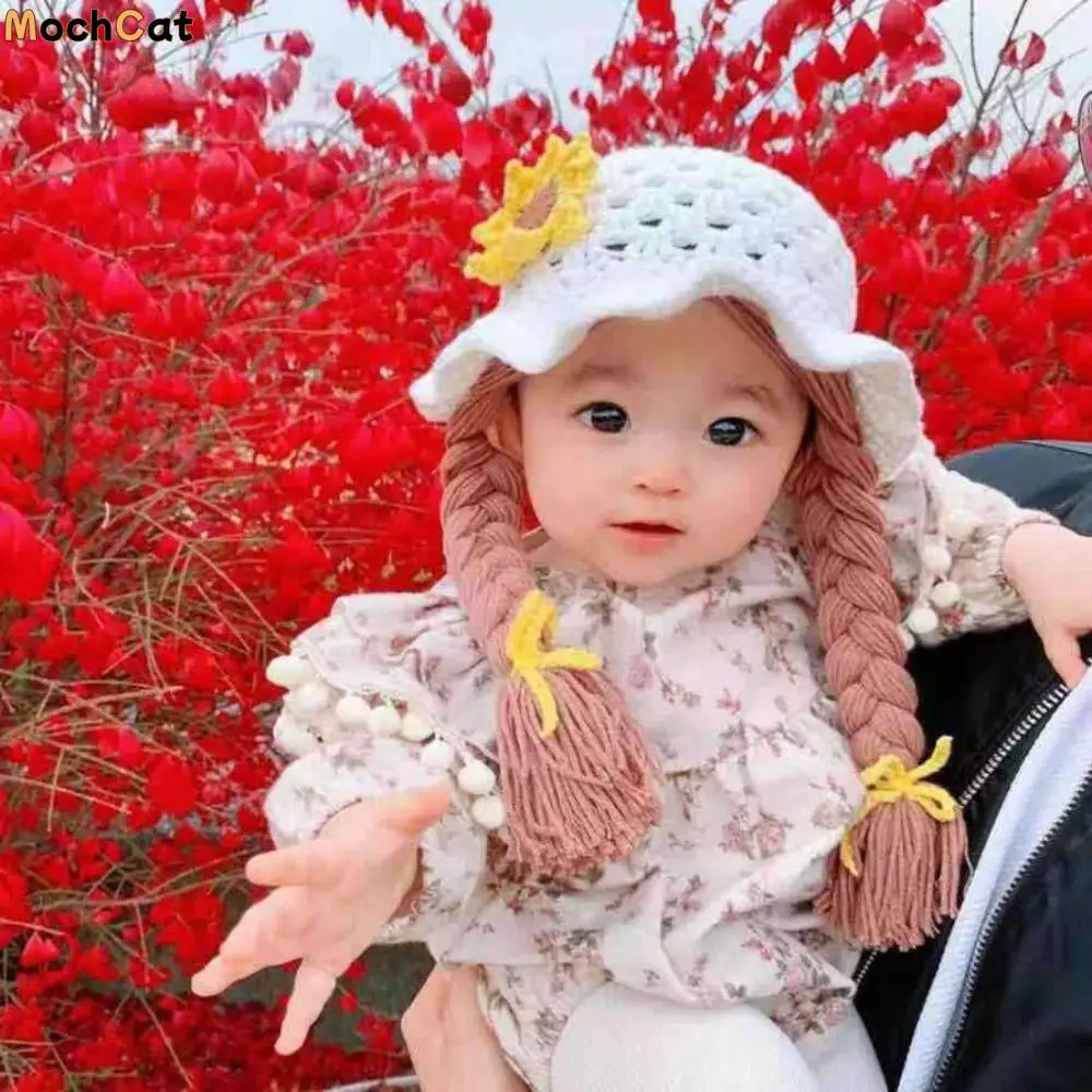 

Pink Bow Kids Wool Cap With Plaits Handmade Knitted Photoshoot Kids Wool Cap Braided Design Girls Style Infant Wigs