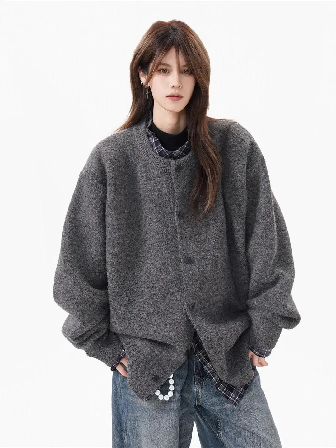 

Ретро-кардиган в американском стиле с клетчатым узором, унисекс, повседневный, простой, универсальный, для зимы и весны, вязаная верхняя одежда для молодежи