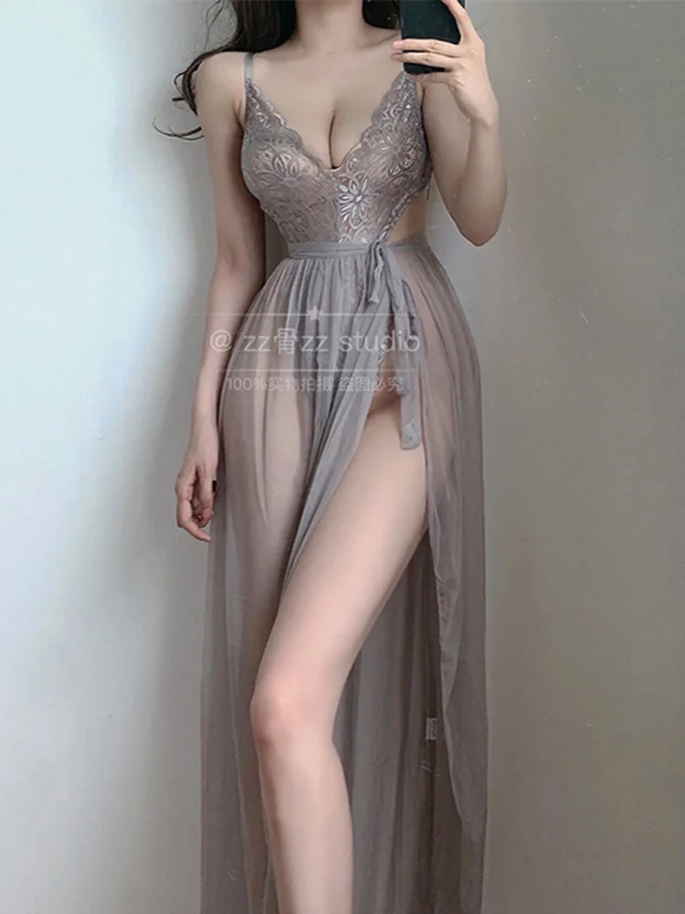 

New Exotic Super Sexy US Women V Neck Lace Transparent Mesh Strap Backless Maxi Dress Long Robe Korean Girl SWeet Japan