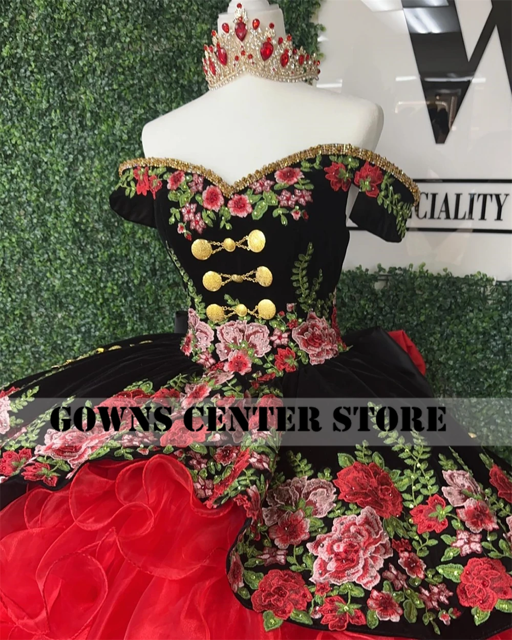 Vintage Mexican Embroidery Quinceanera Dresses With Bow Black And Red Ball Gown Birthday Gown Off The Shoulder Lace-Up Sweet 16