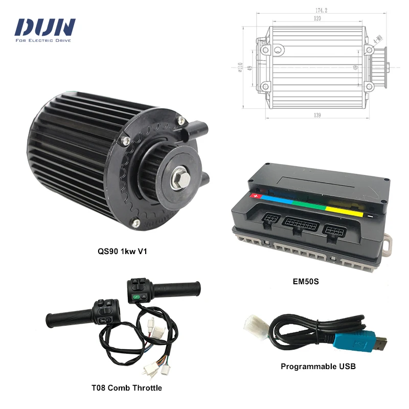 QS90 48V-84V 1000W 55KPH BLDC Mid-Drive Motor with EM50s Controller and T08 Throttle