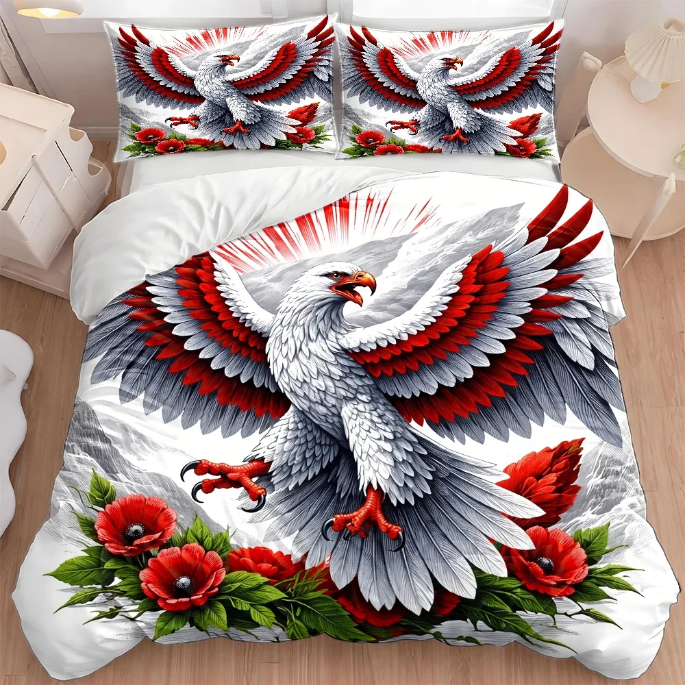 3Pc_ Dominant Eagle and Red Poppy Flower Bedding Set (1_Quilt Cover + 2_Pillowcases), Quilt Cover Set Suitable for All Seasons, Machine Washable, Invisible Zipper, Personal Bed Cover Suitable for Home, Dormitory, Master Bedroom, Guest Room, Trendy Artistic Style Bedding Set, Large Size Quilt Design, Large Double Bed Cover Set, Suitable for Home, Dormitory, Master Bedroom, Guest Room, Luxurious Vintage Style Bedding