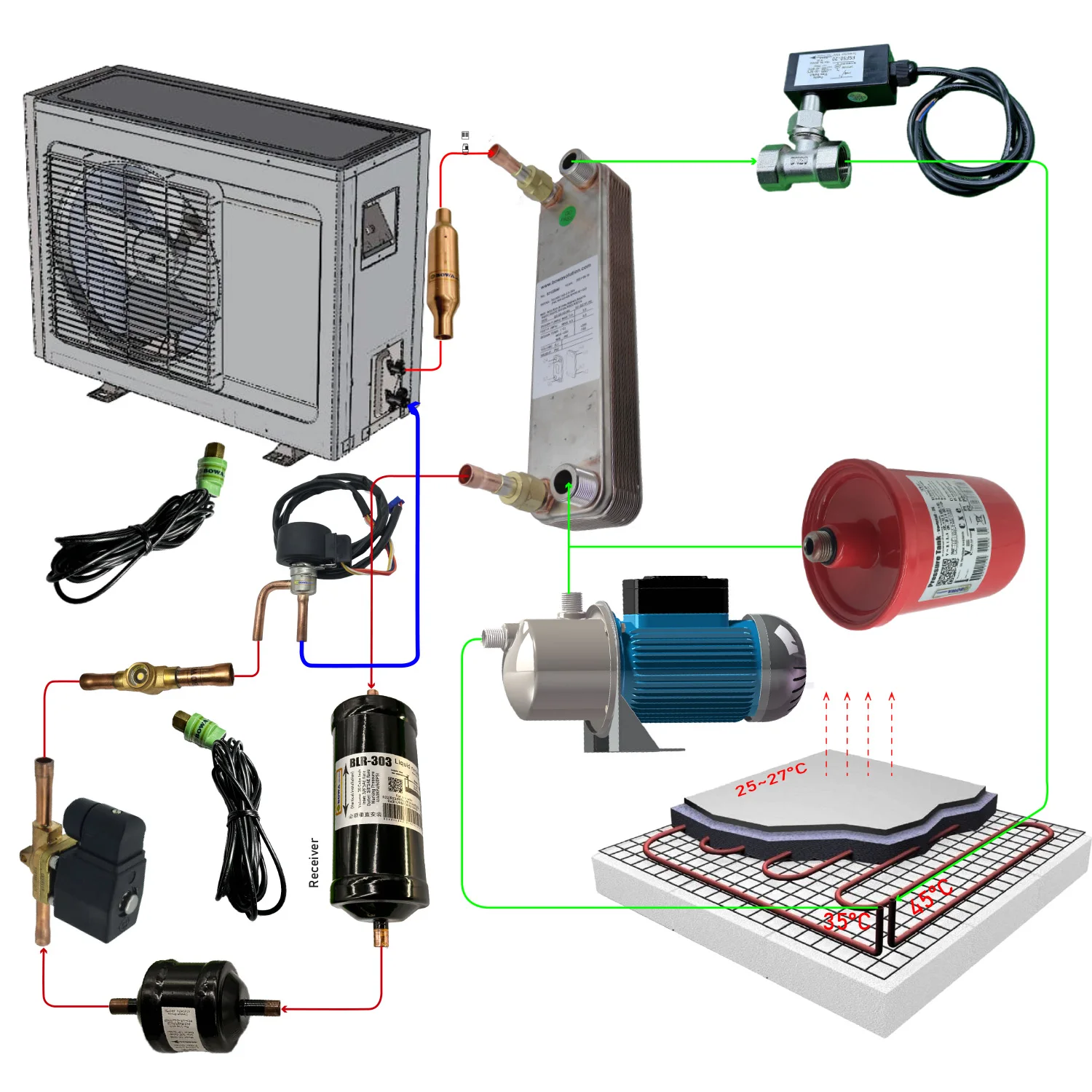 11000kcal condenser of heat pump heater matching 3~5HP scroll compressors of air conditioner recovery outdoor heat for bathroom