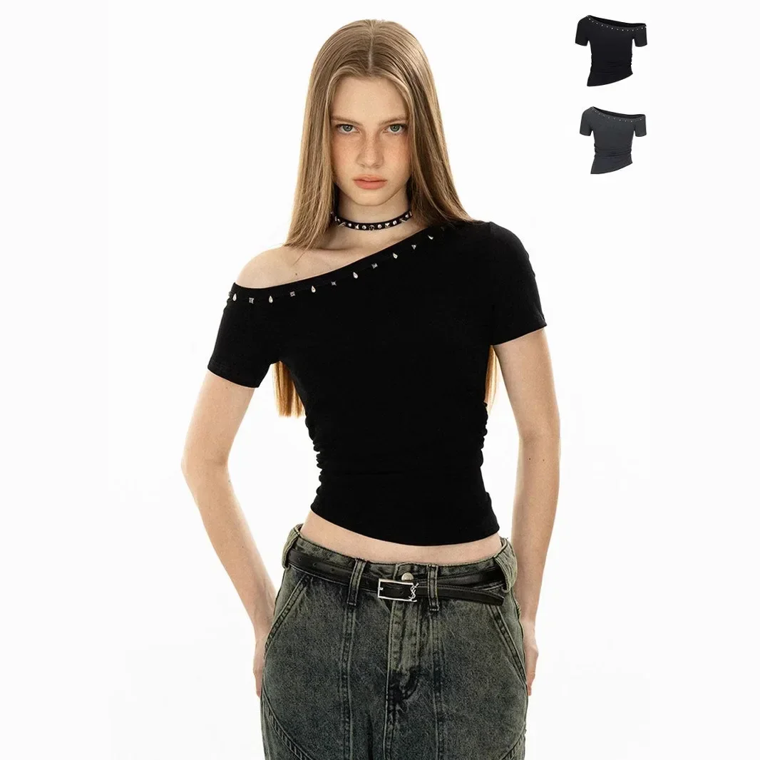 Pop Pop Irregular Shoulder Bared Rivet Short Sleeve T Shirt Women Summer Slimming Sexy Lockbone Top Fashionable Casual Polyester