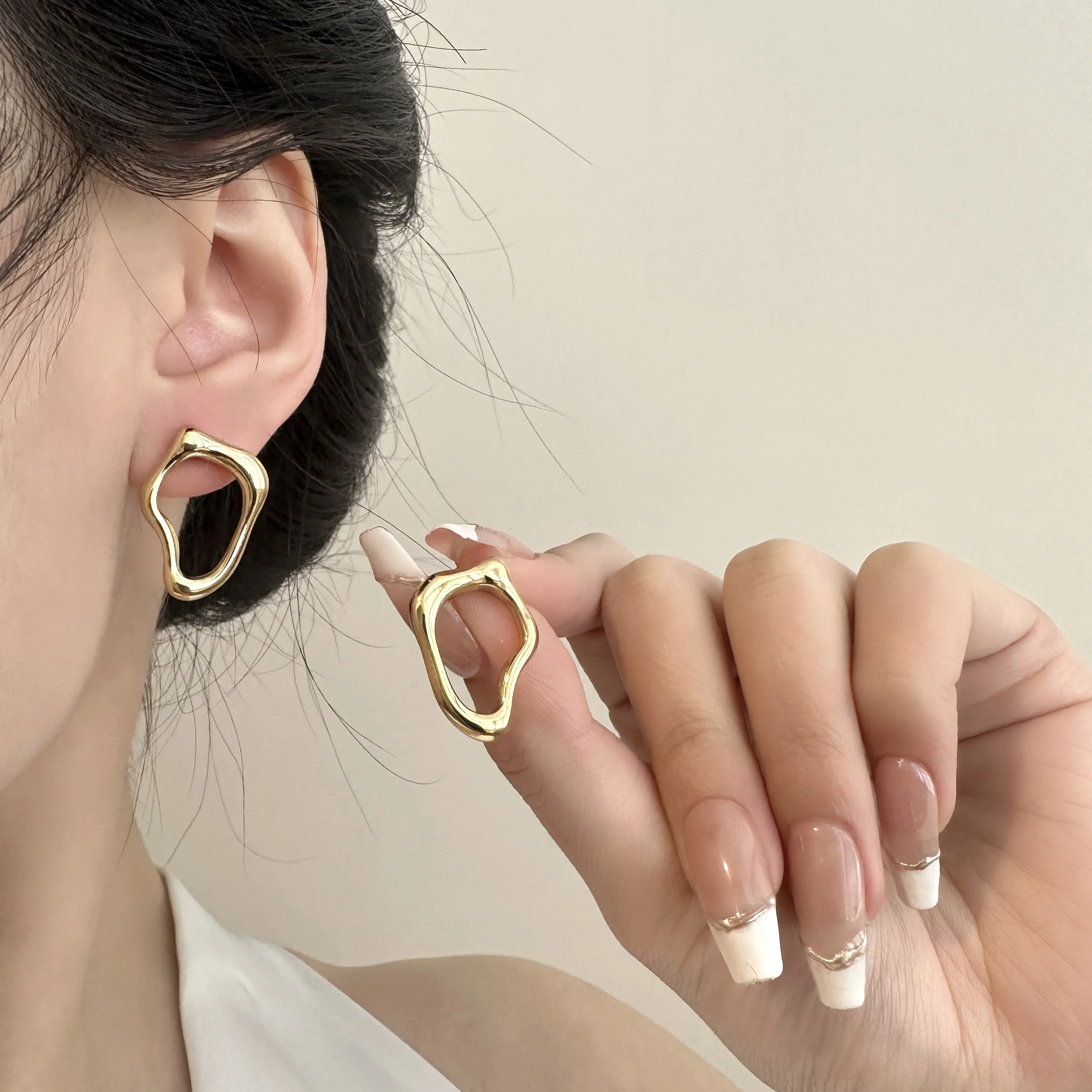 Gold Irregular Hollow Geometric Stud Earrings Stainless Steel Abstract Organic Open Hypoallergenic Minimalist Fashion Jewelry