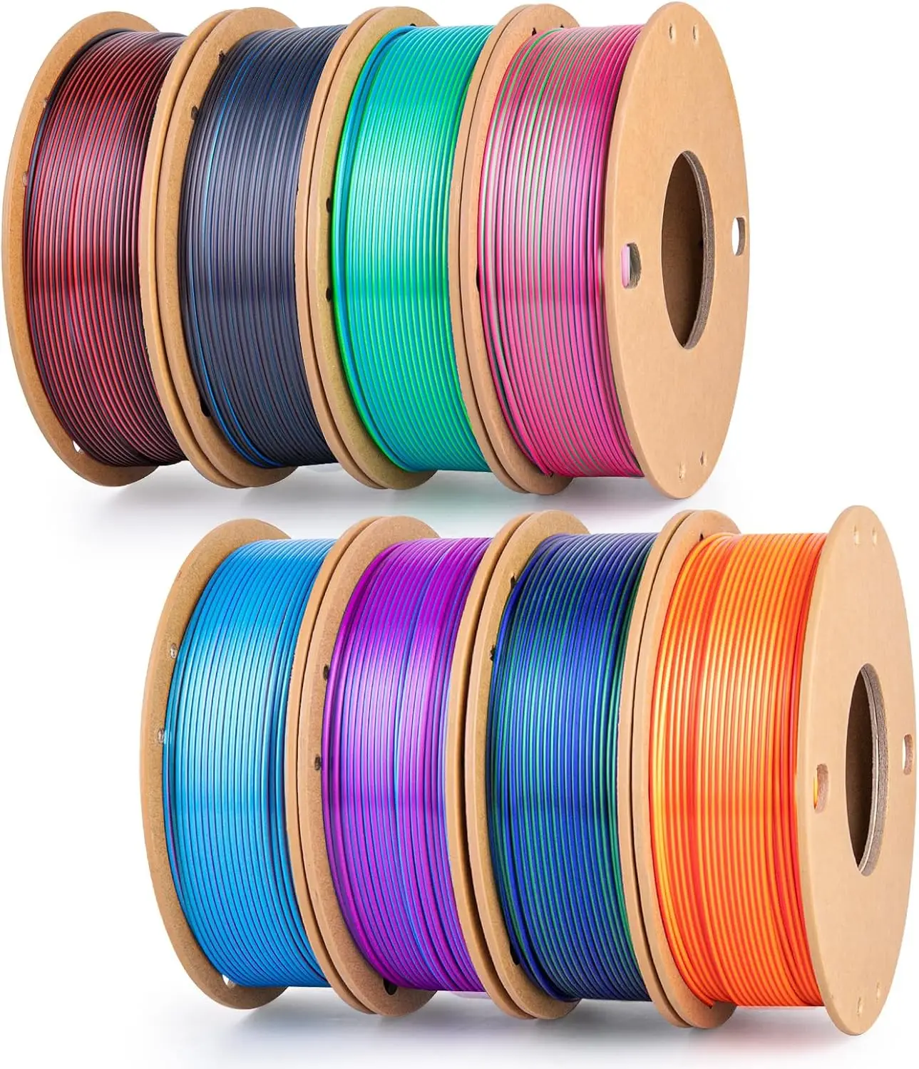 

Silk PLA+ 3D Printing Filament, Multicolor 8-Pack with Dual & Tricolor Spools, 1.75mm, 250g Each