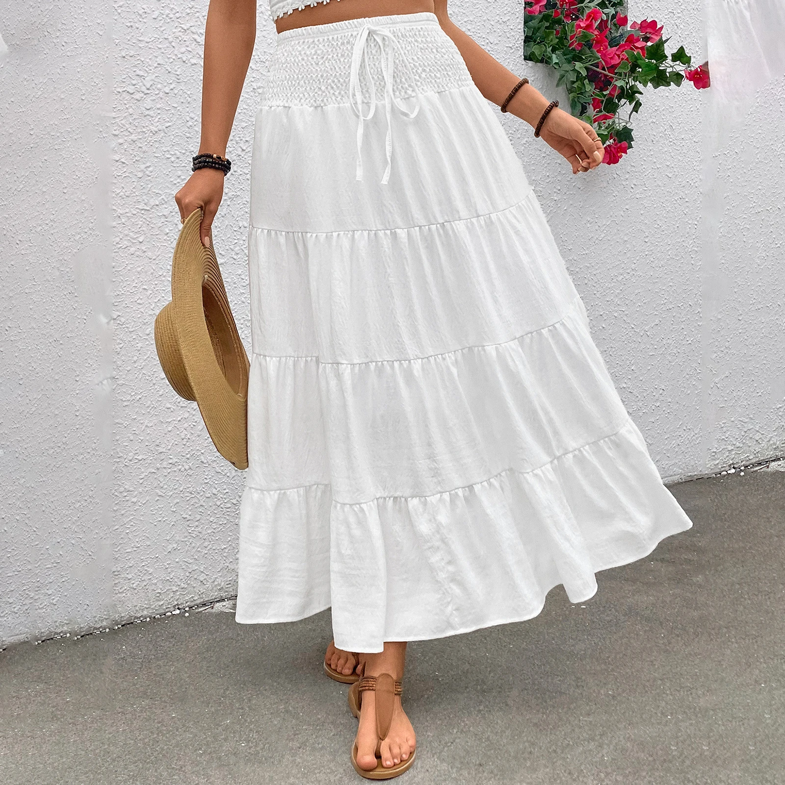 Gonne a vita alta estive classiche da donna Casual elegante tinta unita gonna a trapezio con volant bohémien per le vacanze al mare Streetwear