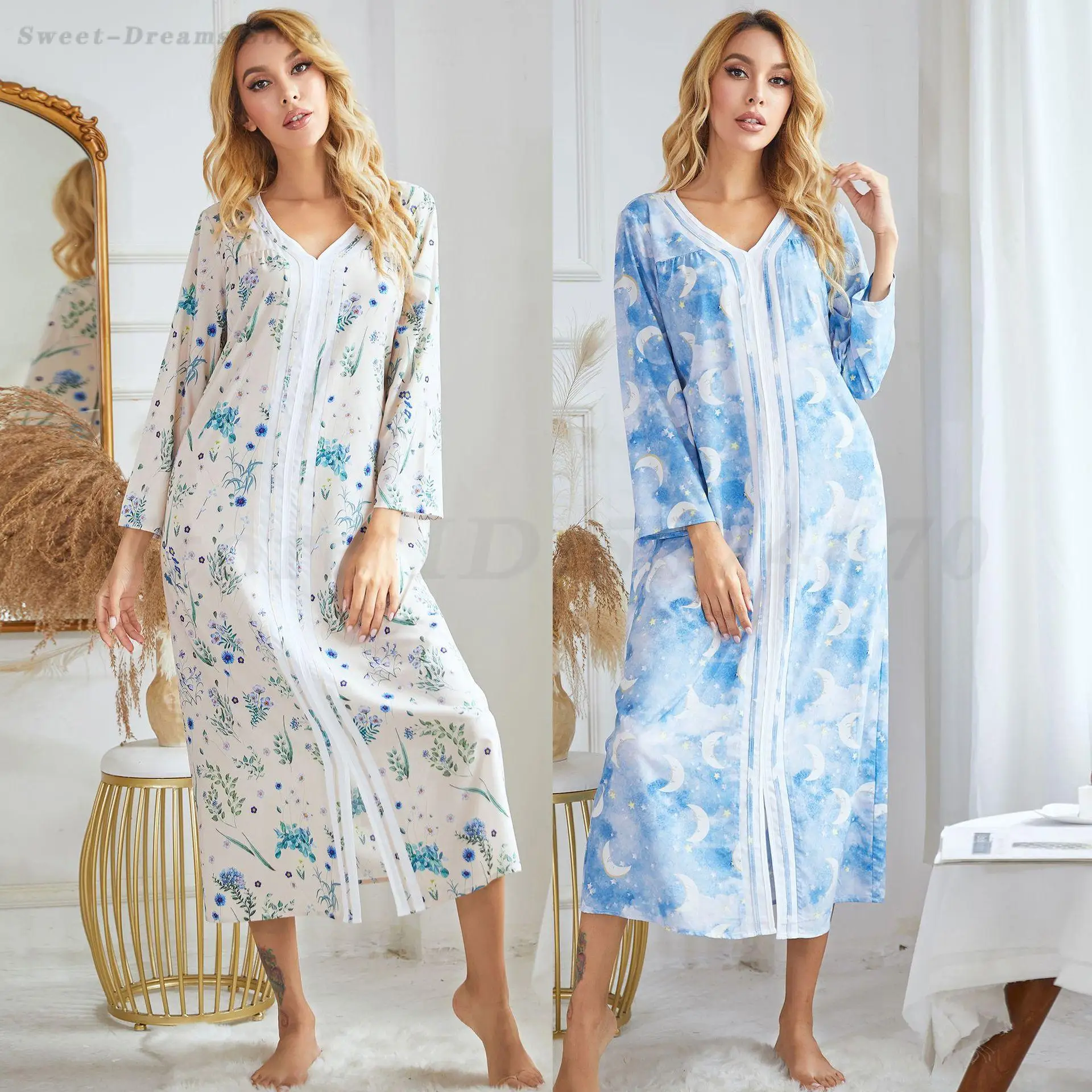 Female Printed Nightgown Spring Autumn Muslim Sleepwear Robe Sexy V-Neck Nightdress Loose Casual Home Clothes Loungewear Gown