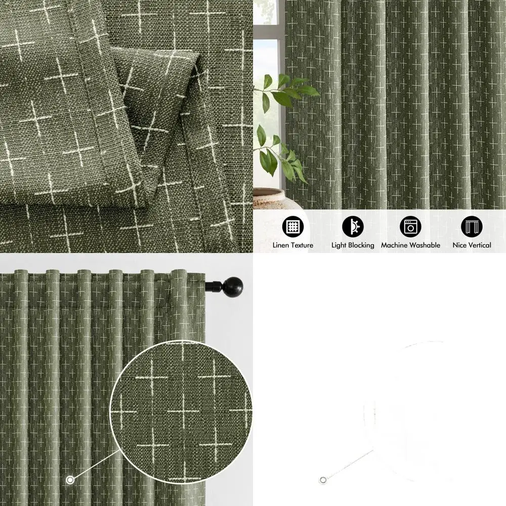 

Льняные шторы с геометрическим рисунком в деревенском стиле, длина 90 градусов, оливково-зеленый, набор из 2 панелей