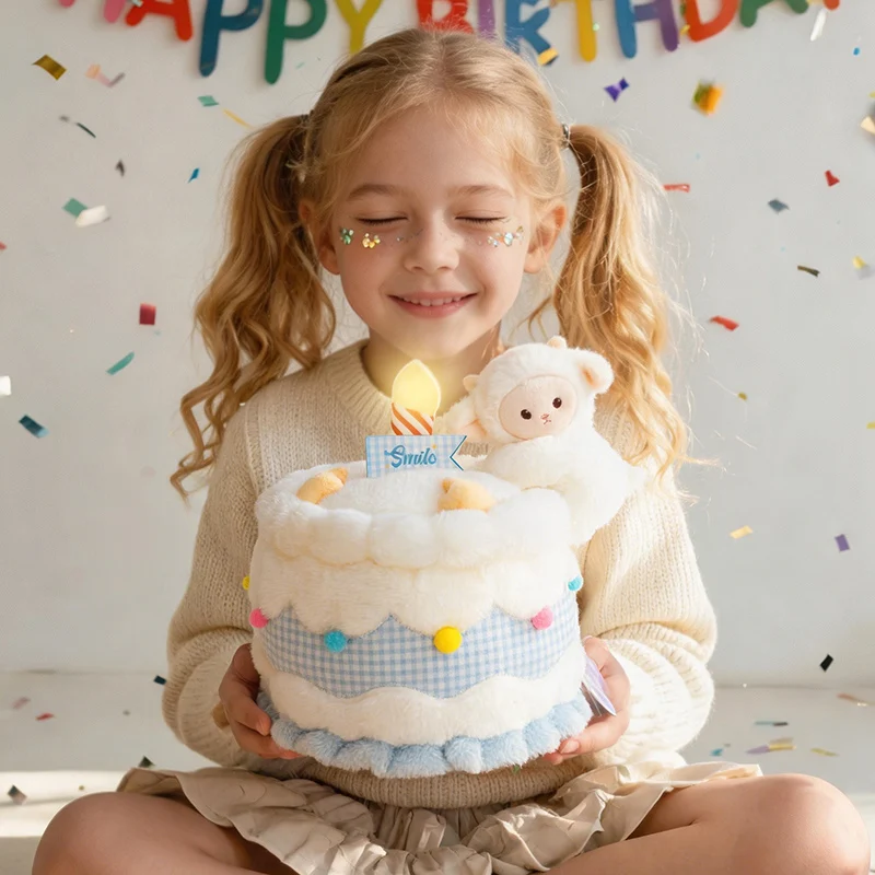 Lamb Birthday Cake Plush Toy 37cm with Blue White Gingham Tiers Colorful Pom Pom Details for Celebration Backdrop Decor