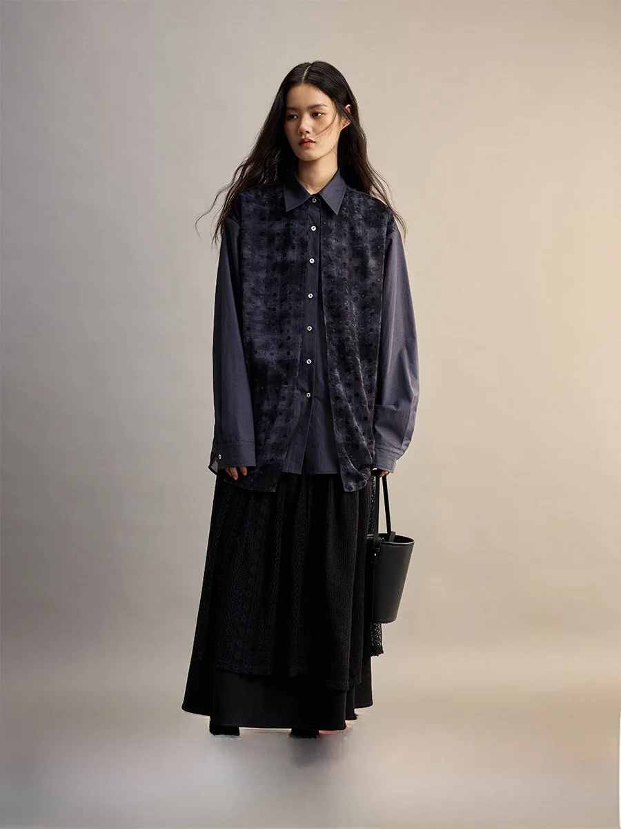 

CAREMIND Blue Tone Polka Dot Me Feel irt Jaet Long Sve Fake Two-Piece Blouse Splicing Design Casual Sle Women's irt