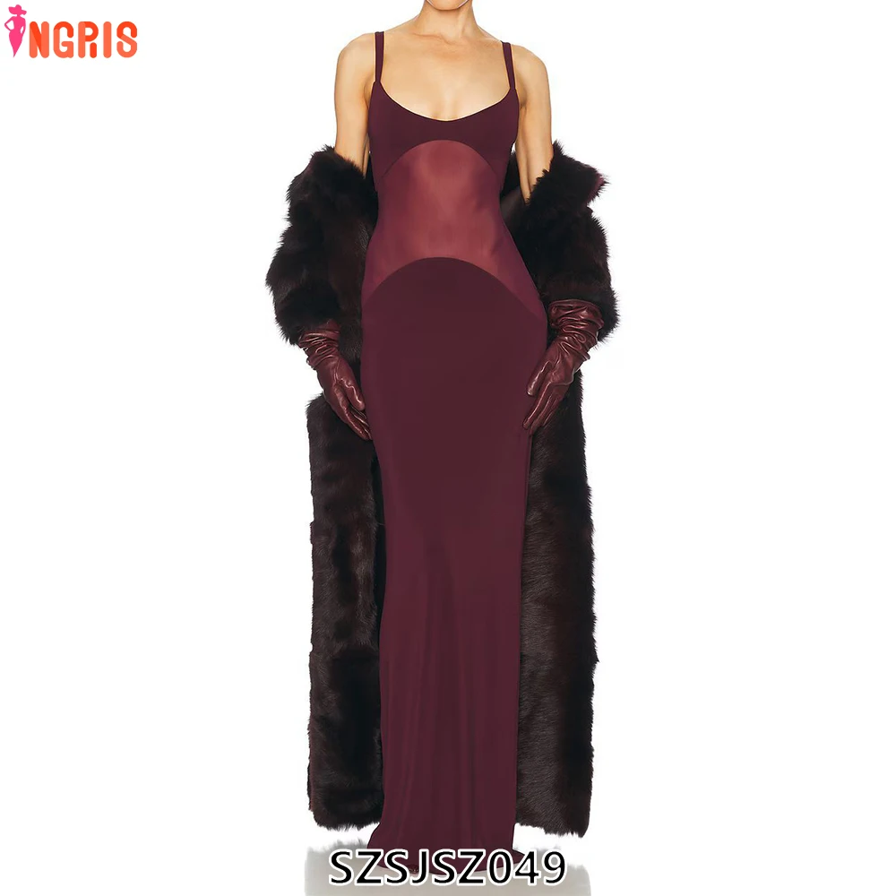 

2025 Women's Summer Floral Solid Slim Long Dress Elegant Stitching Mesh High Quality Party Red Evening Dress-SZSJSZ049