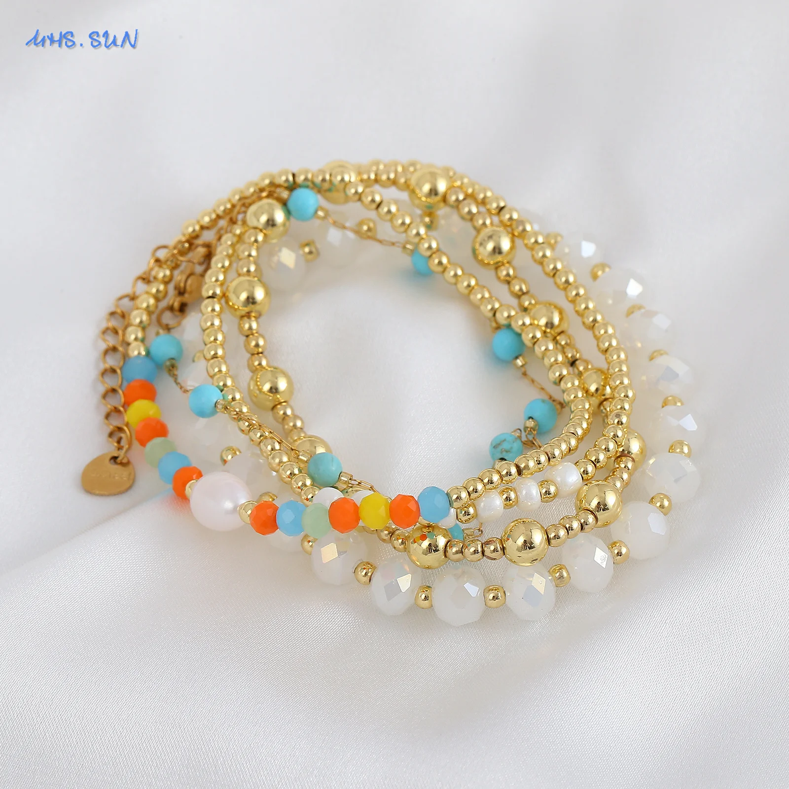 MHS.SUN Fashion Pearl Crystal Beaded Bracelet for Women Stretch Gold Plated Metal Ball Beads Elastic Bracelets Stackable Jewelry