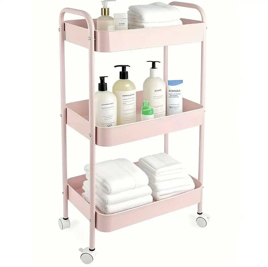 Heavy Duty Metal Mesh 3-Tier Rolling Utility Cart with Lockable Wheels, 66lbs Max Capacity - Freestanding Bathroom Organizer, Multifunctional Racks for Kitchen, Office - Cart with Wheels, Pink Apartment Storage Accessory