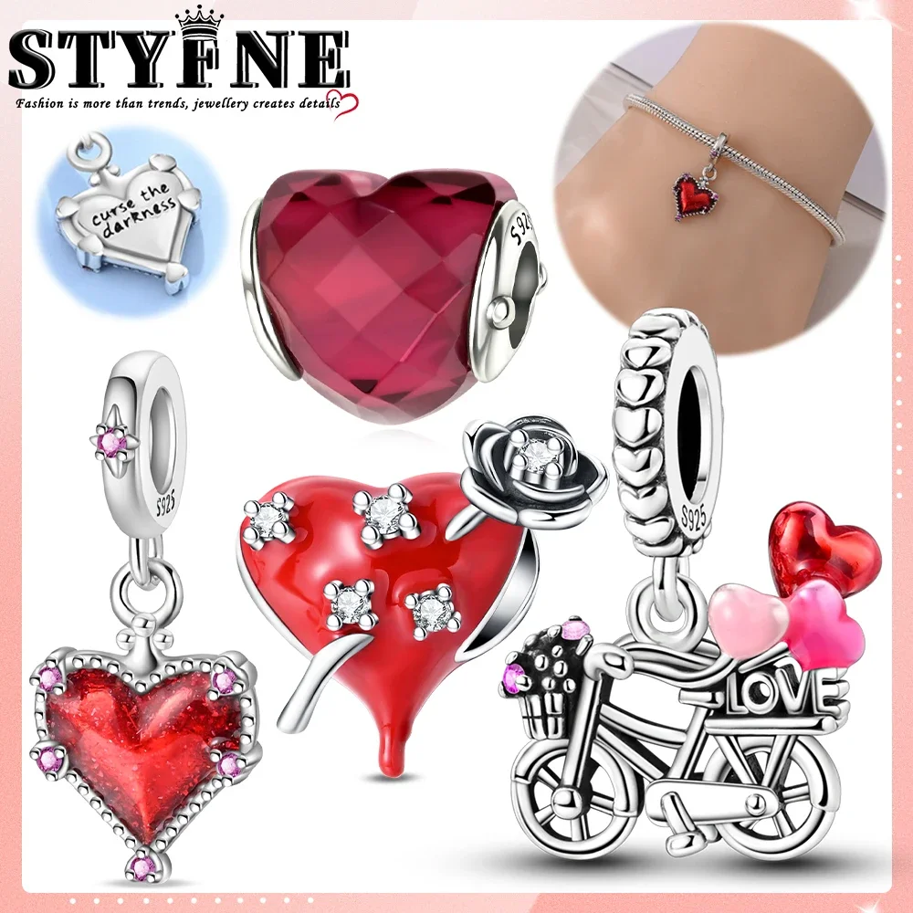 925 Silver Valentine's Day Collection Bicycle Balloon, Sweet and Cool Red Heart Charm Beads Fit Original DIY Bracelets For Women