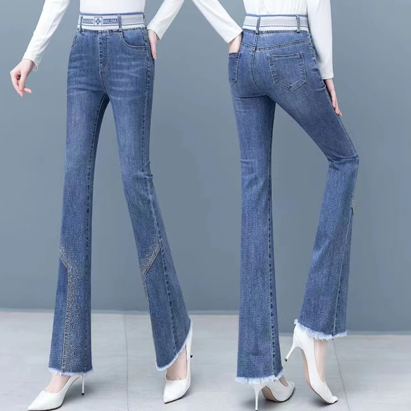

Женские винтажные узкие эластичные расклешенные джинсы, корейские эластичные широкие джинсовые брюки с высокой талией, длина до щиколотки