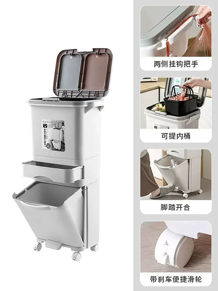 Kitchen trash can dry and wet separation, large-capacity household with lid, double-layer integrated anti-odor large food waste