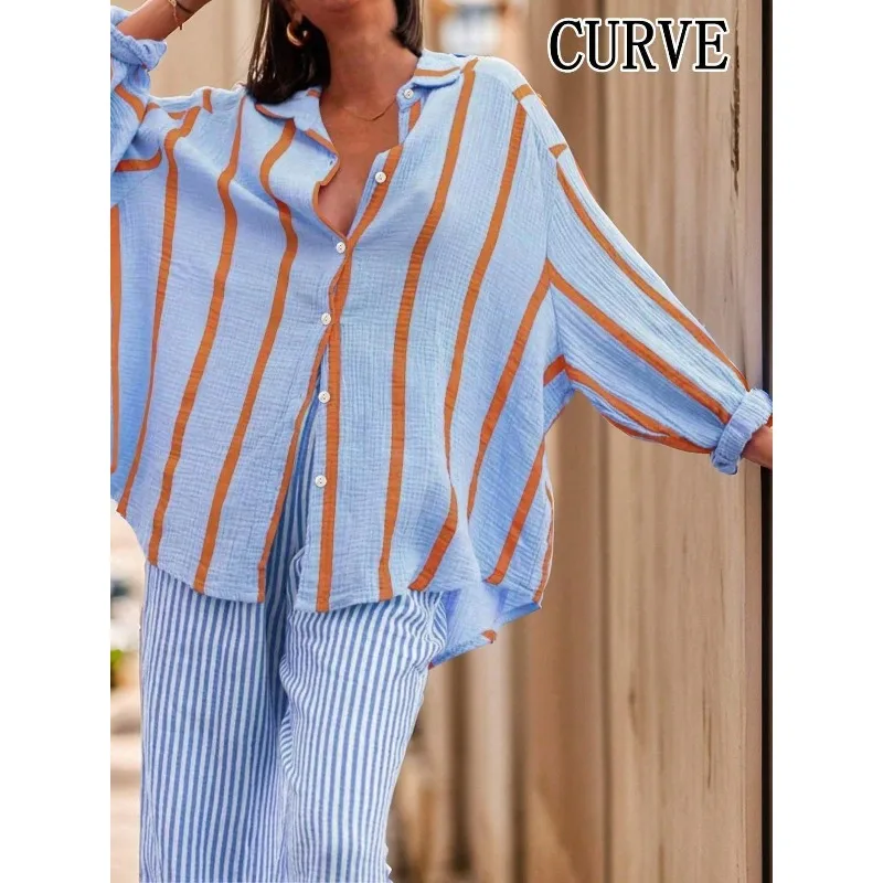 Plus Size New 1XL-5XL New Women's Casual Shirt Fashion Striped Long-sleeved Loose Lapel Women's Top