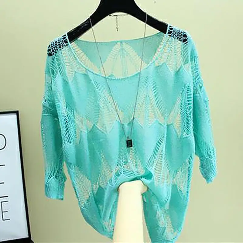 

Knitting Hollow Out Love Ice Shreds Summer Solid Color Sexy Loose Round Neck Crochet 3/4 Sleeve Affordable Bottoming Shirt