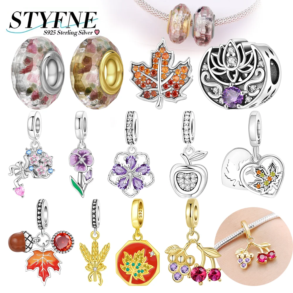Charms 925 Silver Colorful Glass Beads Bouquet Violet Maple Leaf Wheat Ear Pendant for Women Fashion Jewelry Gifts Diy Bracelet