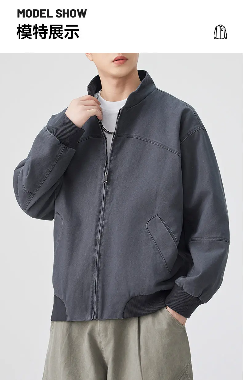 Neue 2026 Frühling Herbst Lässige Herren Baumwolljacke Outdoor Einfarbiger Reißverschluss Stehkragen Mantel Streetwear Winddichte Oberbekleidung – Detail 12