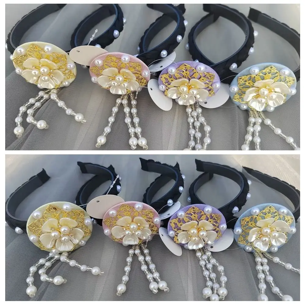 Sweet Flower Korean Headband Pearl Traditional Hanbok Hairband Headdress Tassels Stage Dance Hair Hoop Hanfu