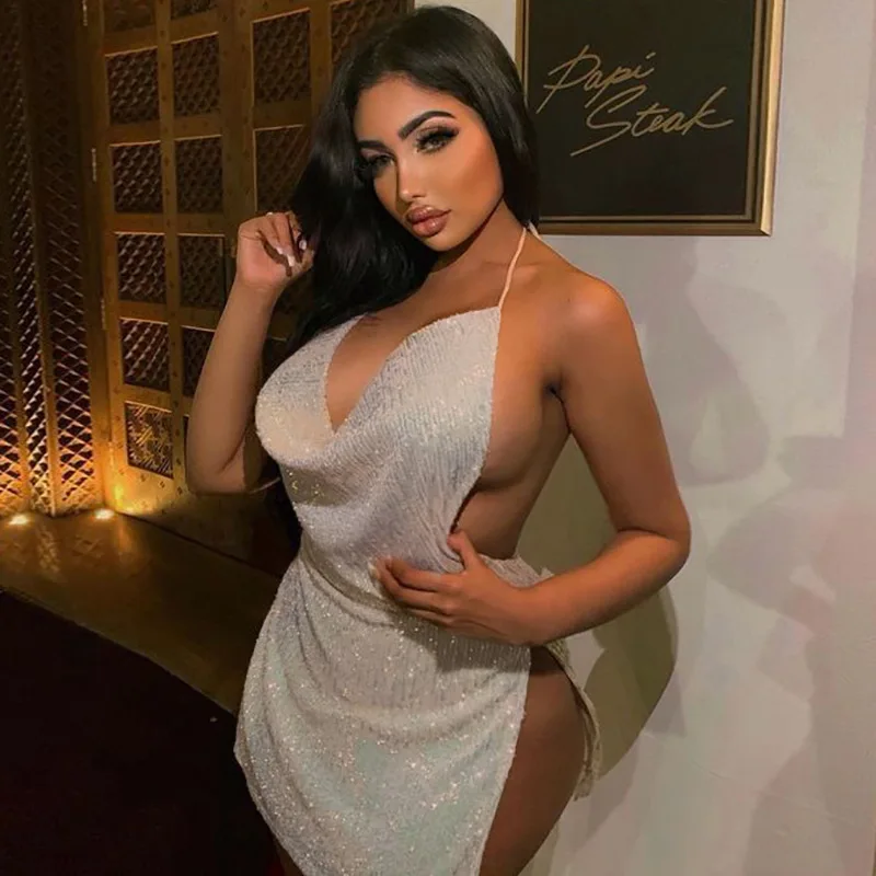 Women's Sexy Backless Hollow Out Halter Neck Bodycon Short Dress Deep V Evening Party Sleeveless Backless Club Mini Dress Women