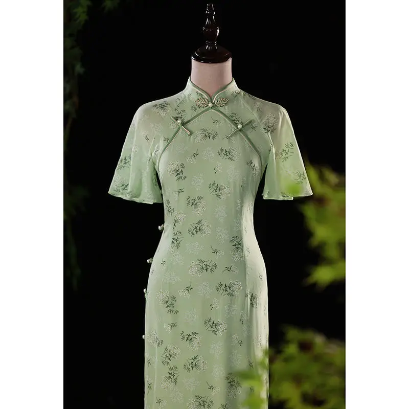 

Green Cheongsam Vintage Young Summer Simple Elegant Improved Girly ChineseWomen Long Qipao 2022 S To 3XL