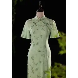 Green Cheongsam Vintage Young Summer Simple Elegant Improved Girly ChineseWomen Long Qipao 2022 S To 3XL