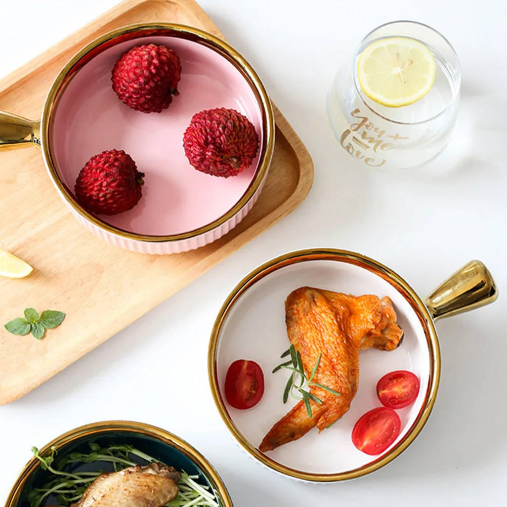 

1Pcs Creative Ceramic Fruit Salad Bowl Vertical Grain Texture Heat Insulated Handle Food Container Ceramic Bowl with Handle