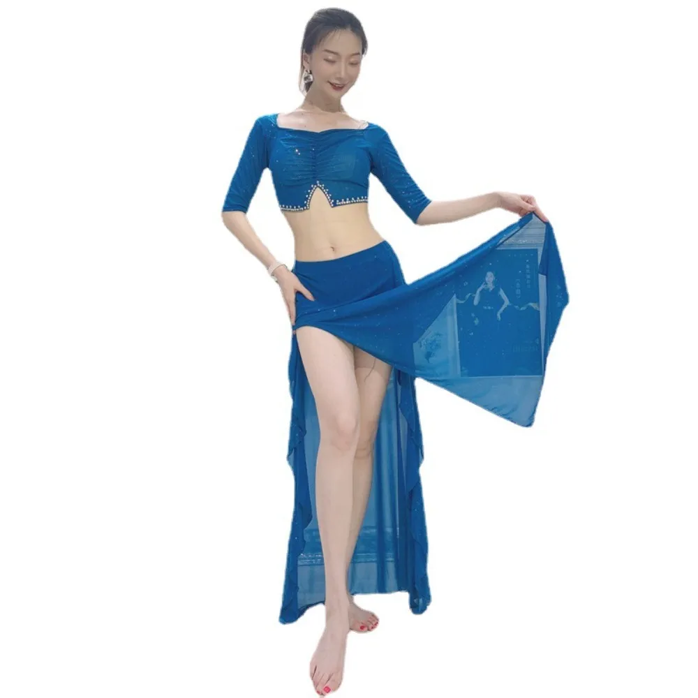 2025 여름 벨리댄스 연습복 세트 - 워터 거즈 2-in-1 의상 (오리엔탈 댄스 트레이닝 & 공연용)