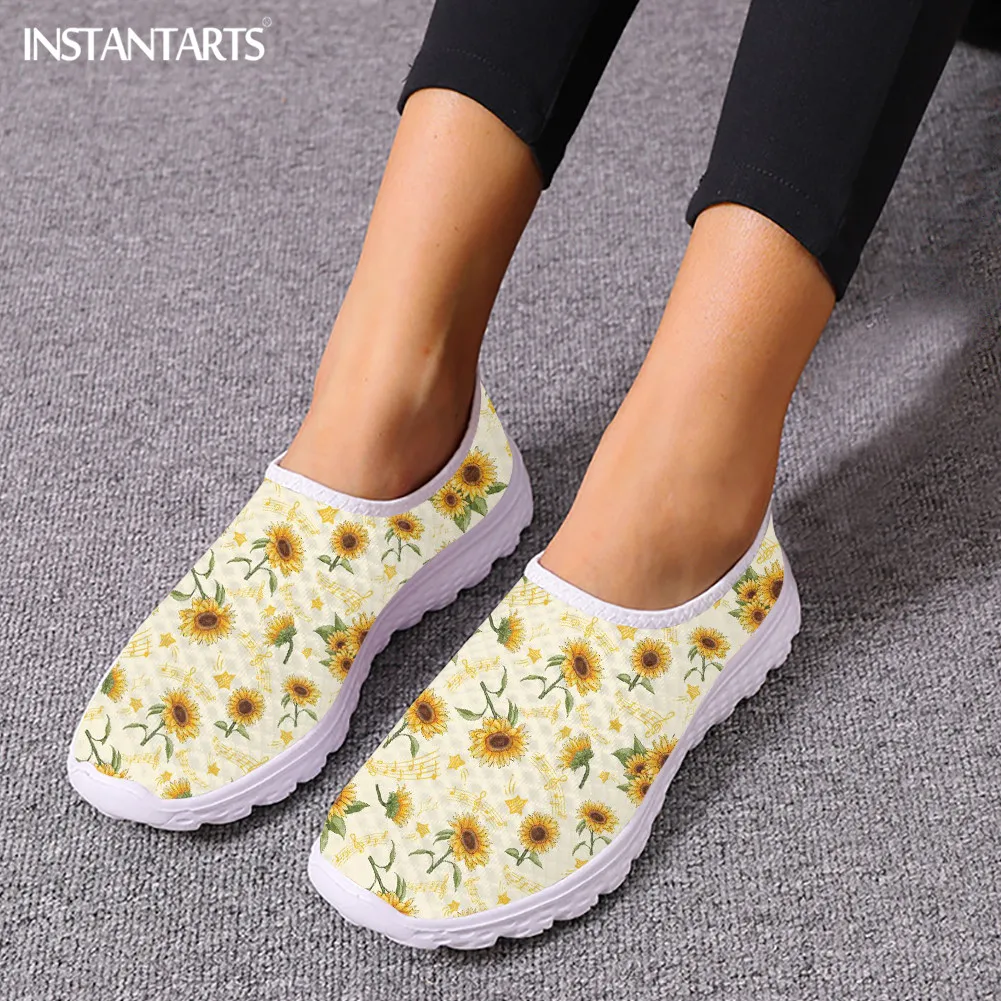 Sunflower Black Prints Women\'s Casual Flats Lightweight Slip-on Mesh Shoes Comfortable Slip-on Tennis Shock Absorption Footwear