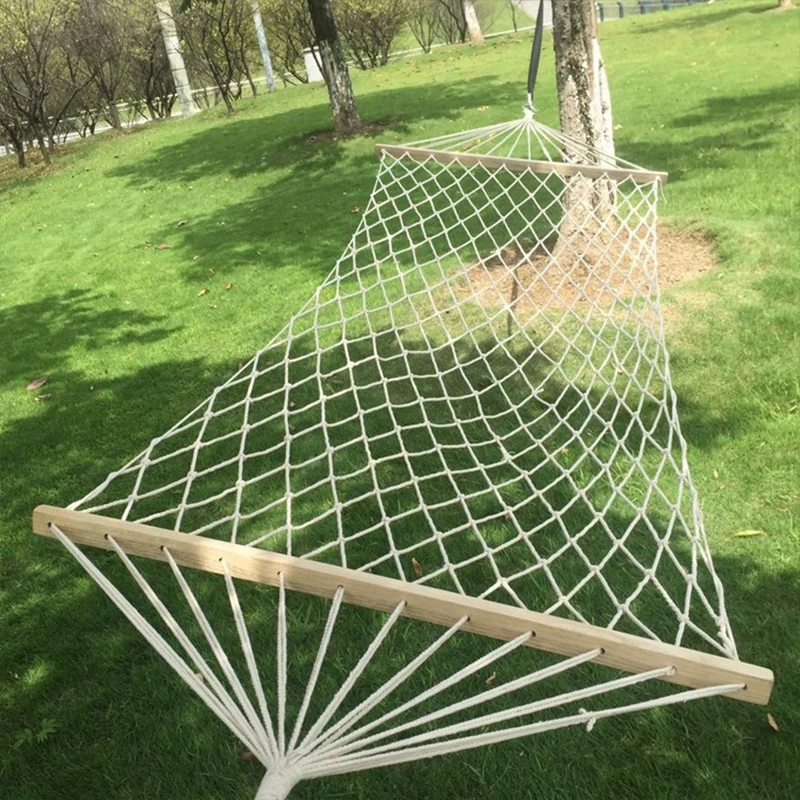

Breathable double net hammock outdoor fishing style swing anti-tip nylon rope hanging bed with wooden spreader
