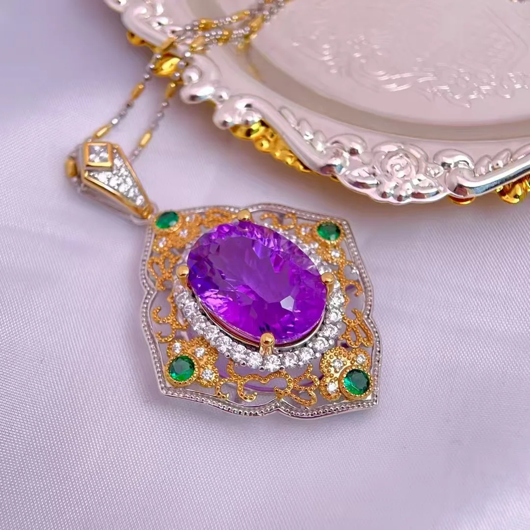 925 Silver Fine Natural Amethyst Pendant, Two-Tone Finish Vintage Handmade, Crystal Jewelry Gift for Women