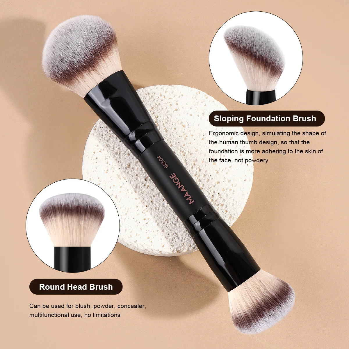 Maange escova de pó de base de ponta dupla, cabelo macio e denso para corretivo, escova facial, cosméticos de beleza, acessórios de mistura de beleza