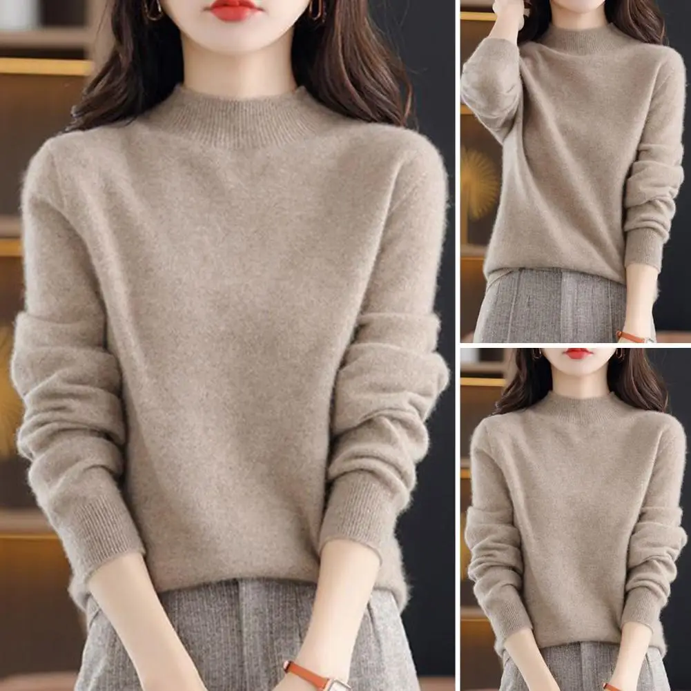 Women Sweater Long Sleeve Mid Collar Pullover Sweater Soft Stretchy  Knit Top Solid Color Knitted Bottom Layer Top Daily Wear