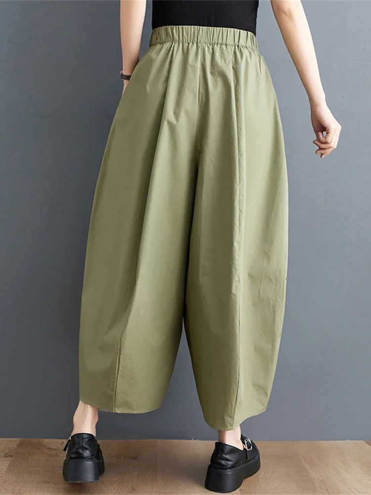 XITAO Women Wide Leg Pants Irregular Solid Color Elastic Waist Pocket Pleated 2024 Summer Ankle Length Pants Elegant WLD16705