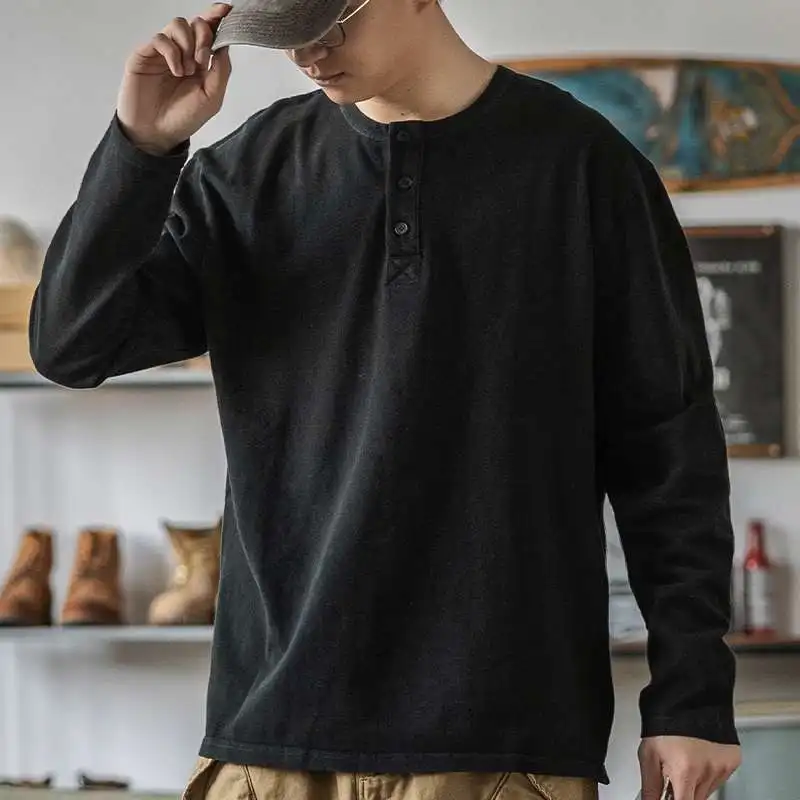 Retro T-shirt Men\'s Loose Open Neck Long Sleeved Base Shirt Top Trendy