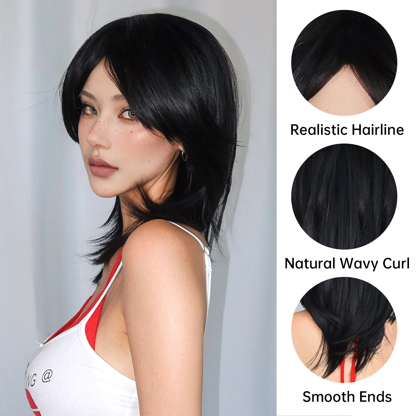 Women's Natural Black Short Straight Wolf Tail Wig with Bangs