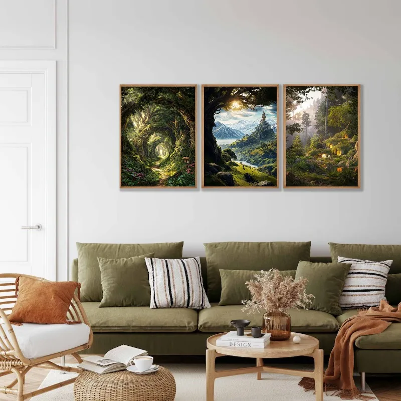 Enchanted Fantasy Ring Art Retro Travel Poster H-Hobbit Hole Shire Landscape Canvas Painting Wall Art for Living Room Home Decor