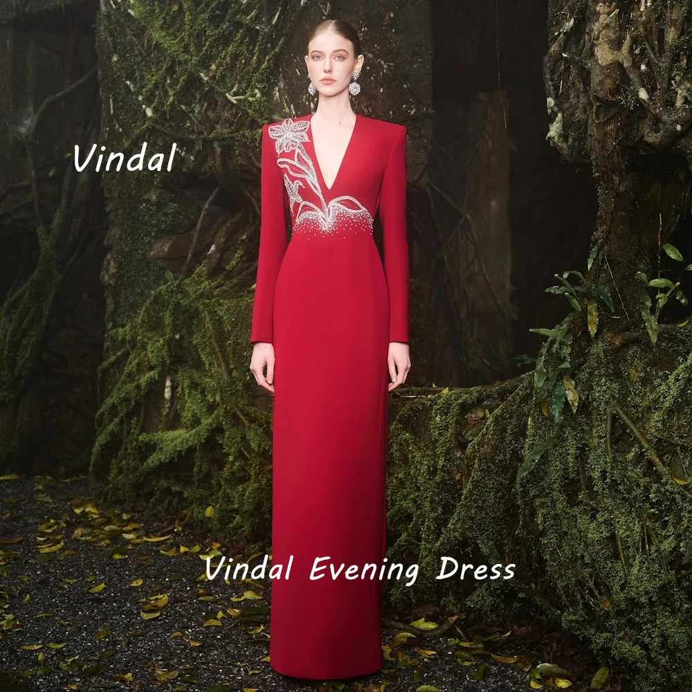 Vindal Crepe Floor length V-Neck luxurious Straight Fashion Beaded Breast Padding Elegant Long Sleeves السعود For Woman 2024