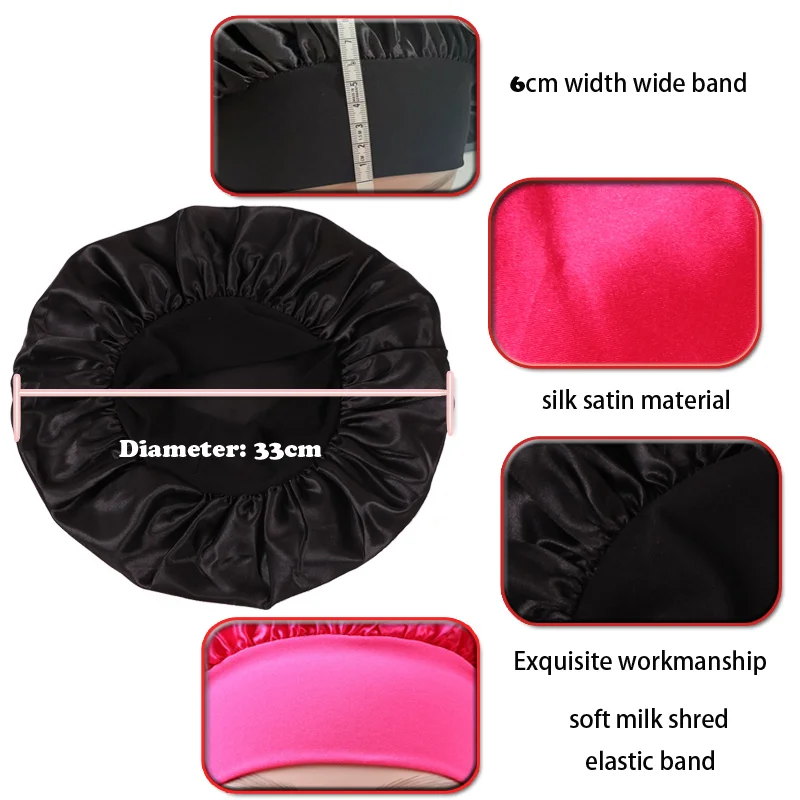 Bonnet en Satin noir uni avec Logo personnalisé, 20 pièces, 6Cm de large, chapeau en soie pour le soin des cheveux, unisexe