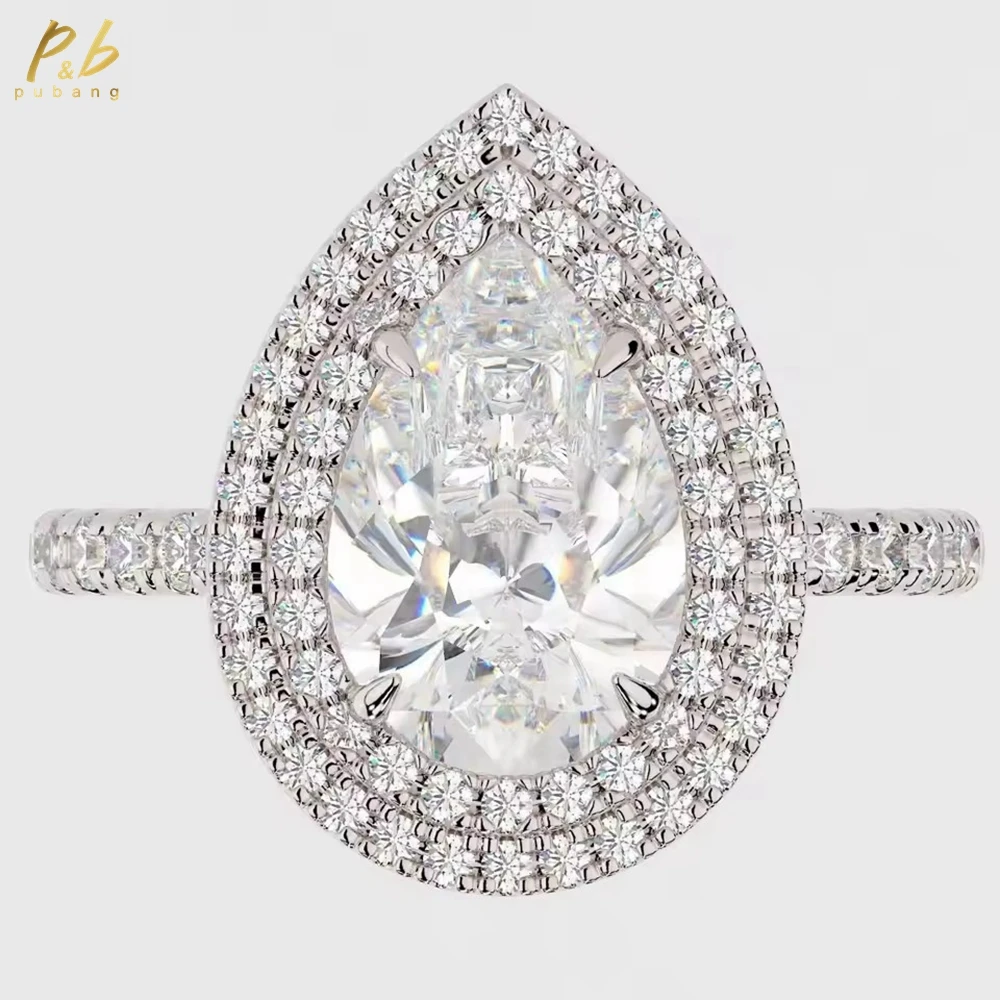 

PuBang сверкающее 3EX VVS1 кольцо с грушей и муассанитом для женщин 4,5 карата, белое золото 9 карат, двойные кольца с ореолом, роскошные ювелирные аксессуары Anelli