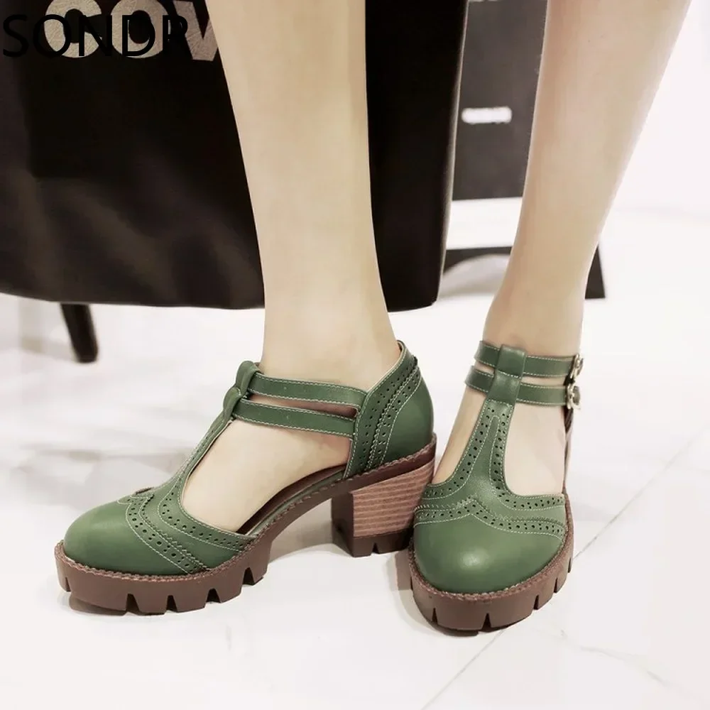 US4-11 Womens Carved T-straps Oxfords Block High Heel Brogue Block High Heel Shoes Retro Plus Size 4Colors New 2024
