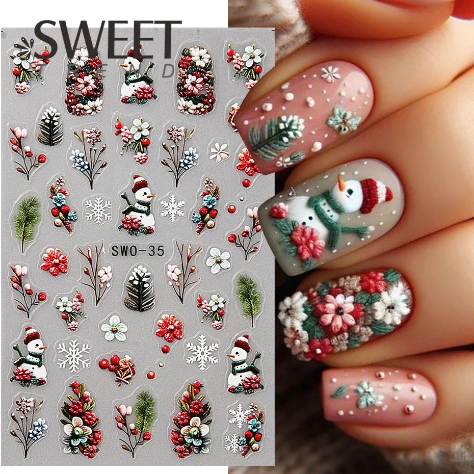 3D Christmas Snowman Nail Art Sticker Winter Snowflake Leaves Relief Self Adhesive DIY Decal Slider New Year Manicure Decoration