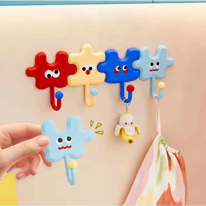 4Pcs/Pack Cute Dopamine Puzzle Hook New Creative Hooks Bathroom Door Behind Hanger Bathroom Kitchen Towel Hanging Sticky Hook